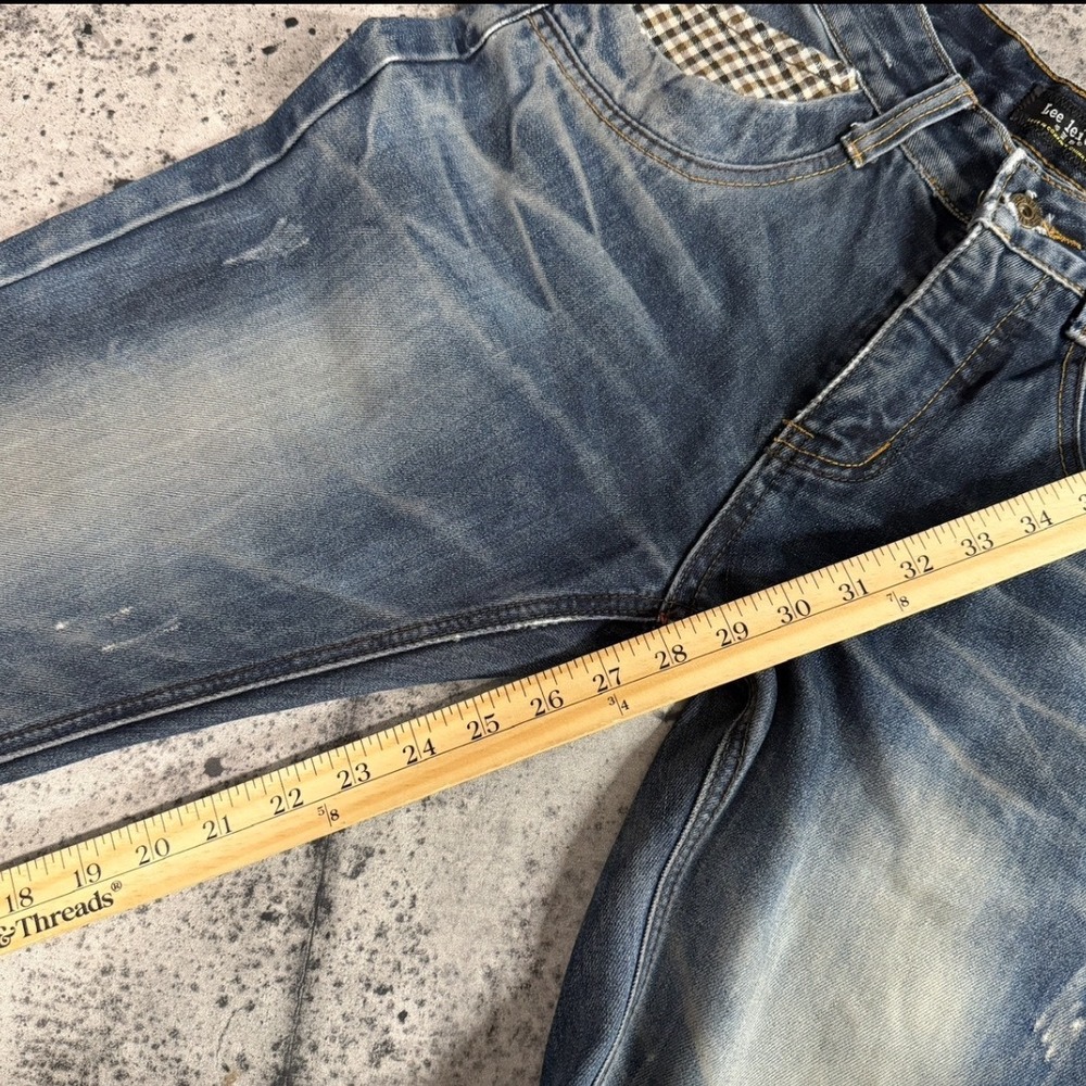 Lee Leith Men Distressed Whiskered Straight Leg Jeans Blue 31 32 Gingham Detail - Picture 9 of 9